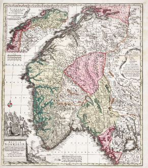 Antike Landkarten, Seutter, Norwegen, 1730: Regnum Norwegiae Accurata et Novissima Delineatione juxta V. Praefecturas Generales Aggerhusiensem, Bergensem, Nidrosiens,...