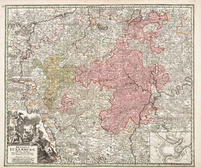 Antike Landkarten, Seutter, Luxemburg, 1730: Ducatus Luxemburg Distintis Limitibus Majorum et Minorum Ditionum Exacte Designatus et in Lucem Editus