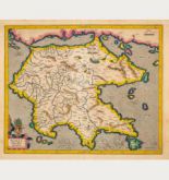 Coloured map of Greece. Printed in Amsterdam by Jodocus Hondius & Cornelis Claesz in 1606.