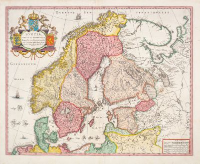 Antike Landkarten, Blaeu, Skandinavien, 1643-50: Suecia, Dania, et Norvegia, Regna Europae Septentrionalia