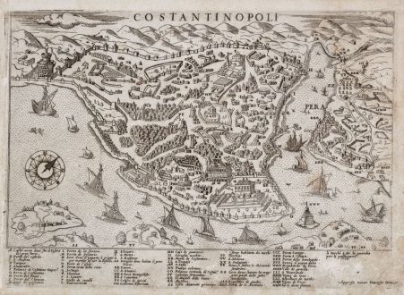 Antique Maps, Camocio, Turkey, Istanbul, Constantinople, 1566-71: Costantinopoli