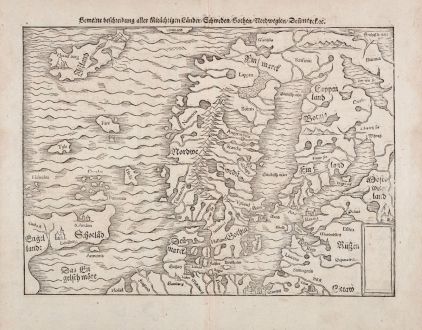 Antique Maps, Münster, Scandinavia, Sweden, Norway, Finland, Iceland, 1574: Gemeine Beschreibung Aller Mitnachtigen Lander Schweden, Gothen, Nordwegien, Dennmarck &c.