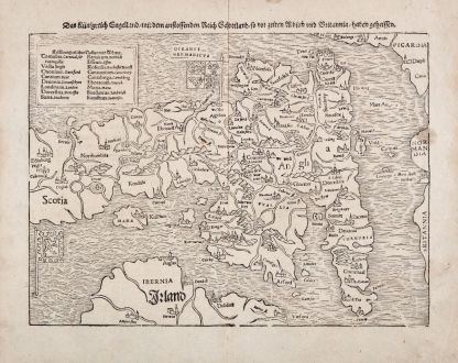 Antike Landkarten, Münster, Britische Inseln, England, 1540 (1574): Das Kunigreich Engelland, mit dem anstossenden Reich Schottland, so vor zeiten Albion und Britannia, haben geheissen