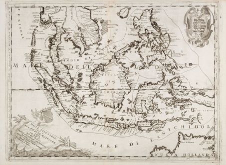 Antike Landkarten, Coronelli, Südost Asien, Borneo, Nordaustralien, 1696: Isole dell'Indie diuise in Filippine, Molucche, e della Sonda