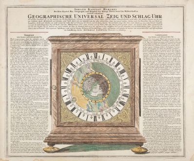 Antike Landkarten, Homann, Nordamerika, Kalifornien als Insel, 1720: Geographische Universal-Zeig und Schlag-Uhr