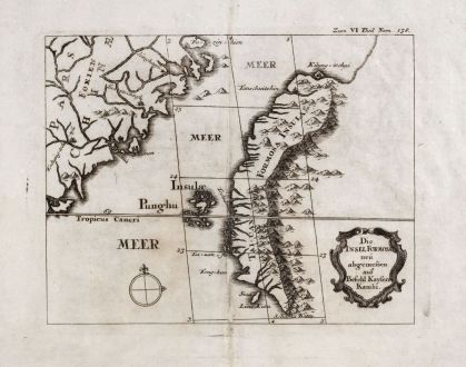 Antike Landkarten, Stöcklein, Südost Asien, Taiwan, Formosa, 1726-36: Die Insel Formosa neü abgemessen auf Befehl Kaysers Kamhi