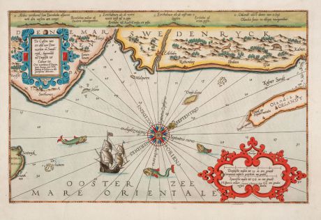 Antike Landkarten, Waghenaer, Schweden, 1588: De Custen van Een Deel van Denmarken en Swederijk, Beginnede va Vuijtste tot Calmer toe. Orae maritimae tu Daniae, tum...