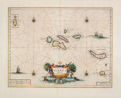 Antike Landkarten, Blaeu, Atlantik, Acores, Azoren, 1662: Insulae Acores Delineante Ludovico Teisera