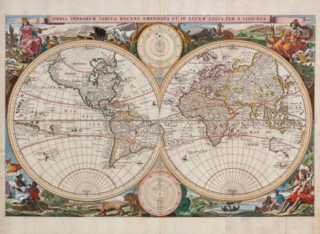 Antique Maps, Visscher, World Map, 1663: Orbis Terrarum Tabula Recens Emendata et in Lucem Edita per N. Visscher