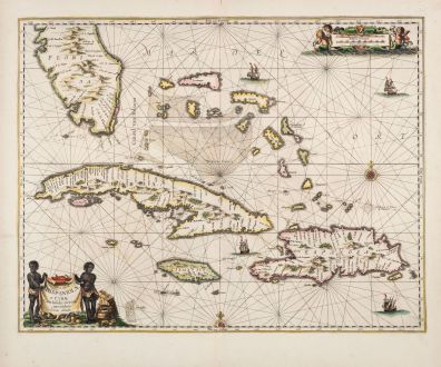 Antike Landkarten, Janssonius, Atlantik, Großen Antillen und Florida, 1650: Insularum Hispaniolae et Cubae, Cum Insulis circumjacentibus accurata delineatio.