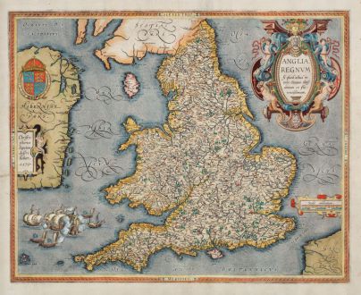 Antike Landkarten, Ortelius, Britische Inseln, Wales, England, 1603: Anglia regnum si quod aliud in toto Oceano ditissimum et florentissimum