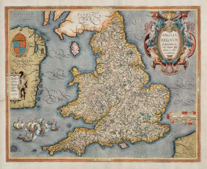 Antique Maps, Ortelius, British Isles, Wales, England, 1603: Anglia regnum si quod aliud in toto Oceano ditissimum et florentissimum