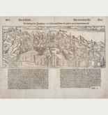 Antique woodcut town view of Jerusalem. Printed in Basle by Petri in 1550.