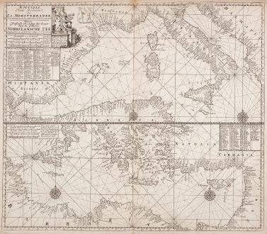 Antike Landkarten, Loots, Mittelmeer, 1715: Nouvelle carte reduite de la Mediterranee - Nieuwe Wassende Graadege Pas-kaart van de Geheele Middelansche Zee... Claas de...