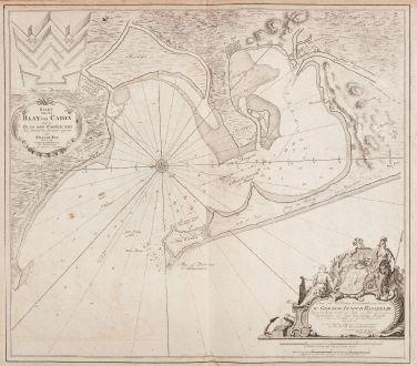 Antique Maps, van Keulen, Spain - Portugal, Andalusia, Cadiz, 1700: Kaart van de Baay van Cadix met de Plans der Fortificatien. Ten Dienst der Zeevaart opgesteld door William May, Luit. ter...