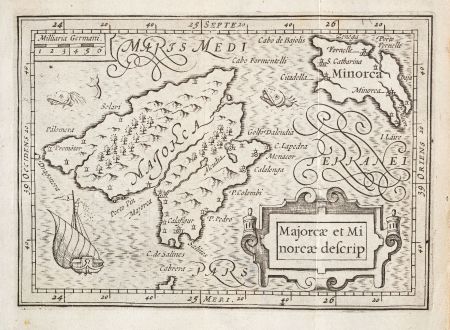 Antique Maps, Bertius, Spain - Portugal, Balearic Islands, Mallorca, Menorca: Majorcae et Minorcae descrip