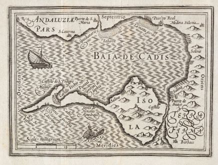Antique Maps, Bertius, Spain - Portugal, Bay of Cadiz, 1635: [Baia de Cadis]