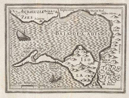 Antike Landkarten, Bertius, Spanien - Portugal, Bucht von Cadiz, 1635: [Baia de Cadis]