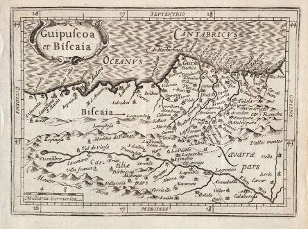 Antique Maps, Bertius, Spain - Portugal, Basque Country, Biscay, Gipuzkoa: Guipuscoa et Biscaia
