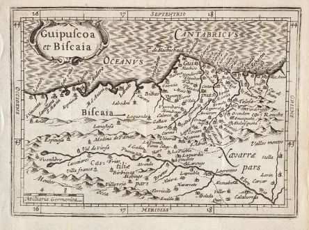 Antike Landkarten, Bertius, Spanien - Portugal, Baskenland, Biskaya, Gipuzkoa: Guipuscoa et Biscaia