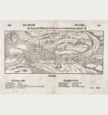 Antique woodcut town view of Geneva (Geneve). Printed in Basle by Heinrich Petri in 1550.