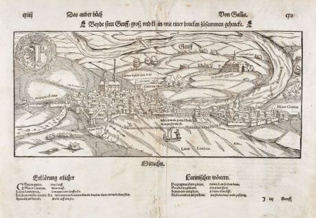 Antique Maps, Münster, Switzerland, Geneva (Geneve), 1550: Beyde Stett Genff, gross und klein, mit einer Brucken zusammen gehenckt.