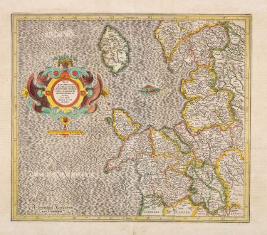 Antique Maps, Mercator, England, Isle of Man, North Wales, North West England: West Morlandia, Lancastria, Cestria, Caernaruan, Denbigh, Flint, Merionidh, Montgomery, Salopia, cum insulis Mania et...