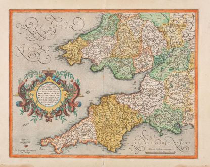 Antique Maps, Mercator, England, Cornwall, South Wales, Southwest England: Cornubia, Devonia, Somersetus, Dorcestria, Wiltonia, Glocestria Monumetha, Glamorgan, Caermarden, Penbrok, Cardigan, Radnor,...