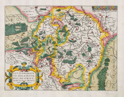 Antike Landkarten, van den Keere, Luxemburg, 1609: Lutzenburgensis Ducatus Veriss. Descript. Iacobo Surhonio Montano Auctore.