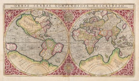 Antike Landkarten, Mercator, Weltkarte, 1587 [1609]: Orbis Terrae Compendiosa Descriptio Quam ex Magna Universali Gerardi Mercatoris ... Rumoldus Mercator fieri curabat Ao....