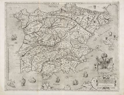 Antike Landkarten, Zenoi, Spanien - Portugal, 1560: Hispaniae descriptio - Hispania, que & Iberia in ulteriore dividit ac citeriorem...