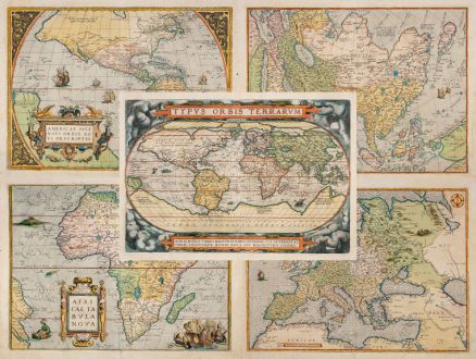 Antike Landkarten, Ortelius, Afrika Kontinent, 1573-1584: Typus Orbis Terrarum, Americae sive Novi Orbis, Nova Descriptio, Africae Tabula Nova, Asiae Nova Descriptio, Europae.