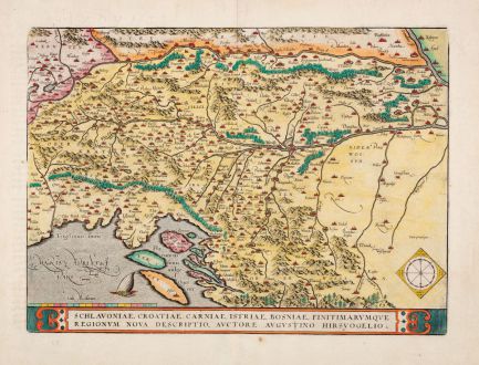 Antique Maps, Ortelius, Balkan, Western Balkans, Adriatic Sea, Croatia: Schlavoniae, Croatiae, Carniae, Istriae, Bosniae, Finitimarumque Regionum Nova Descriptio, Auctore Augustino Hirsuogelio