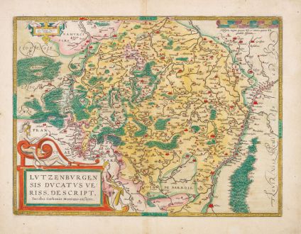 Antike Landkarten, Ortelius, Luxemburg, 1609: Lutzenburgen sis Ducatus Veriss. Descript. Iacobo Surhonio Montano auctore.