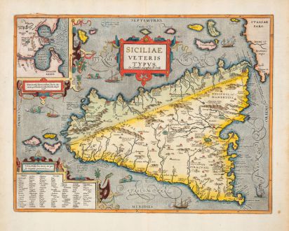 Antique Maps, Ortelius, Italy, Sicily (Sicilia), 1584 [1624]: Siciliae Veteris Typus ...