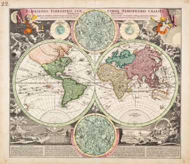 Antike Landkarten, Homann, Weltkarte, 1720: Planiglobii Terrestris cum utroq Hemisphaerio Caelesti Generalis Repraesentatio