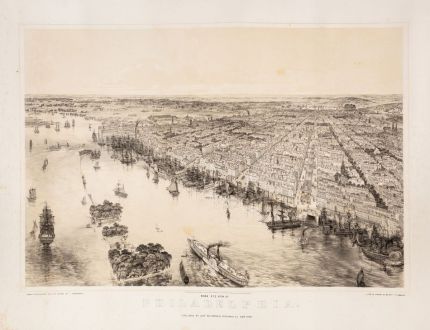 Antique Maps, Bachmann, North America, Philadelphia, 1850: Bird's Eye View of Philadelphia
