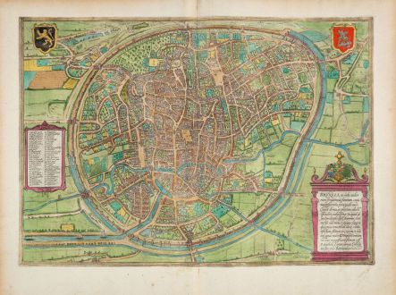 Antique Maps, Braun & Hogenberg, Belgium, Bruxelles, Brussels, 1579-1593: Bruxella, Urbs Aulicorum Frequentia, Fontium Copia, Magnificentia Principalis Aulae...