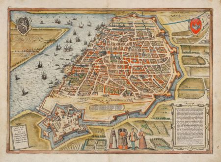 Antique Maps, Braun & Hogenberg, Netherlands, Anvers, Antwerpen, Antwerp: Anverpia, nobile in Brabantia oppidum...