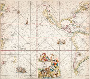 Antique Maps, van Keulen, Pacific Ocean, 1680: Pascaert vande Zuyd Zee en een Gedeelte van Brasil Van Ilhas de Ladronos tot R. de la Plata