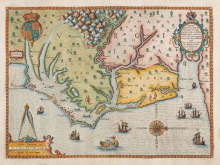 Antike Landkarten, de Bry, Nordamerika, Virginia, 1590: Americae Pars, Nunc Virginia Dicta, Primum ab Anglis Inventa Sumtibus Dn. Walteri Raleigh Equestris Ordinis Viri Anno Dni....