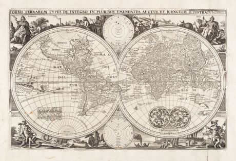 Antike Landkarten, Visscher, Weltkarte, 1654: Orbis Terrarum Typus De Integro In Plurimis Emendatus Auctus et Icunculis Illustratus Auct. Nicolaus Joa. Visschero