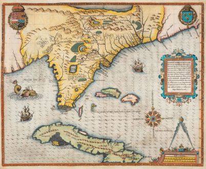 Antike Landkarten, de Bry, Nordamerika, Florida, 1591: Floridae Americae Provinciae Recens & exactissima descriptio Auctore Iacobo le Moyne...