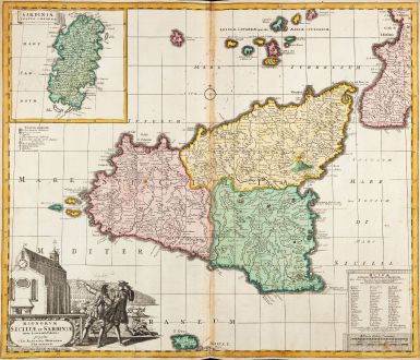 Antike Landkarten, Homann, Italien, Sardinien, Sizilien, 1700-02: Regnorum Siciliae et Sardiniae nova & accurata tabula - Sardiniae Insula & regnum