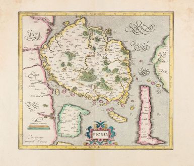 Antike Landkarten, Mercator, Dänemark, Fünen, 1628 oder 1633: Fionia