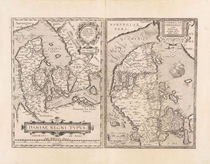 Antike Landkarten, Ortelius, Dänemark, 1602: Daniae regni typus / Cimbricae Chersonesi nunc Iutiae