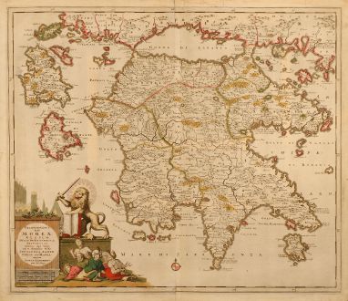 Antique Maps, Danckerts, Greece, Peloponnese, 1690: Peloponnesus Hodie Moreae Regnum Distincté Divisum in Omnes suas Provincias ... Cefalonia, Zante, Cergio et St. Maura.