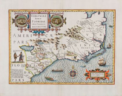 Antique Maps, Hondius, North America, Virginia and Florida, 1628: Virginiae Item et Floridae Americae Provinciarum, nova Descriptio