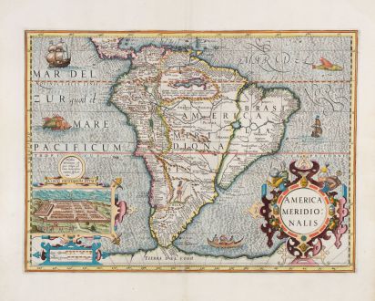 Antike Landkarten, Hondius, Südamerika, 1628: America Meridionalis
