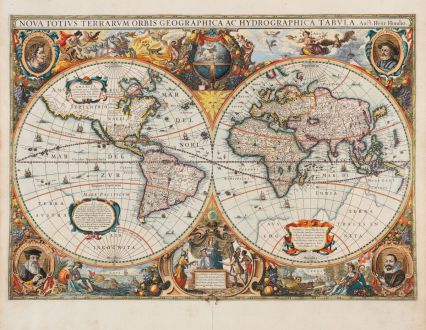 Antike Landkarten, Hondius, Weltkarte, 1633: Nova Totius Terrarum Orbis Geographica Ac Hydrographica Tabula Auct. Henr: Hondio. . . . 1630